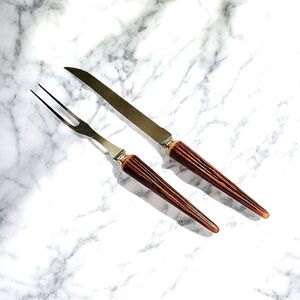 Vtg Carving 70s Fork Knife Set Faux Wood Textured Handle Stainless Steel USA